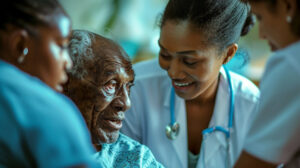 A care expert assisting an elderly man with dementia